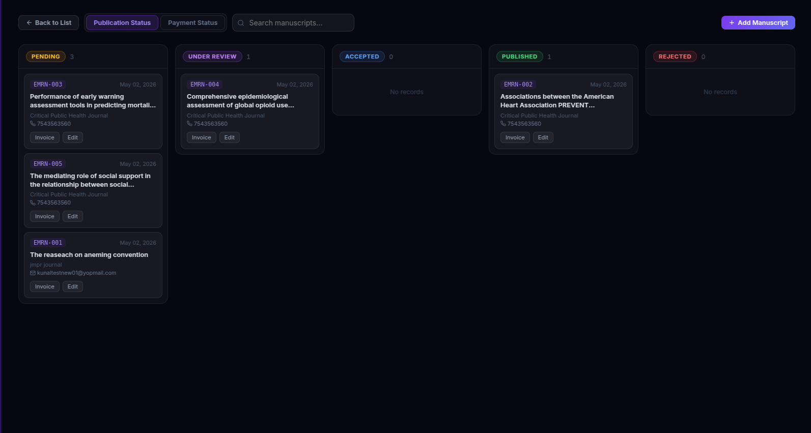 JournalFlow kanban board — dark mode
