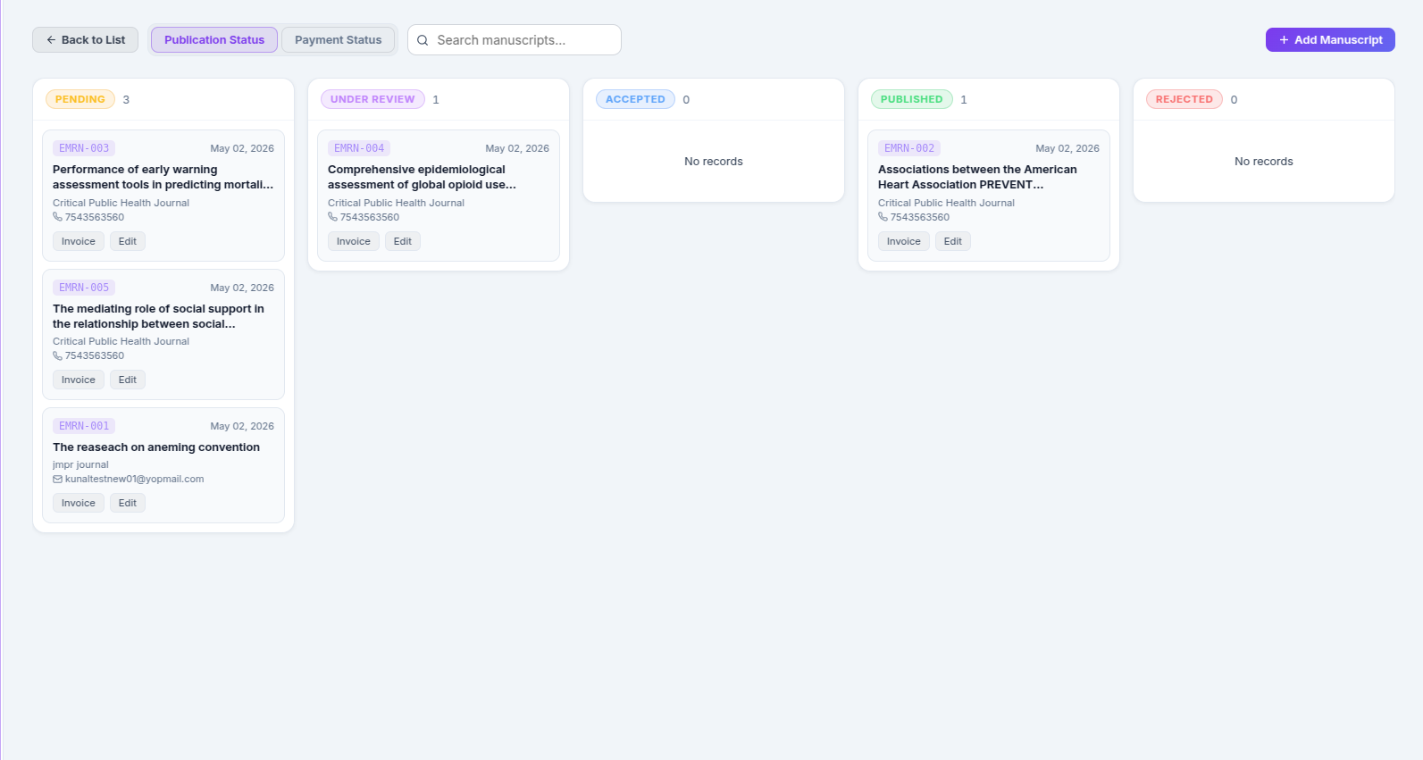 JournalFlow kanban board — light mode